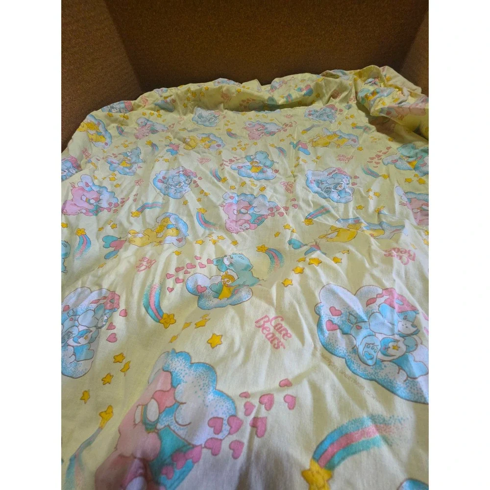 Vtg Care Bears Fitted Sheet Yellow 80s crib Bedding Rainbow Stars Cloud 48x24